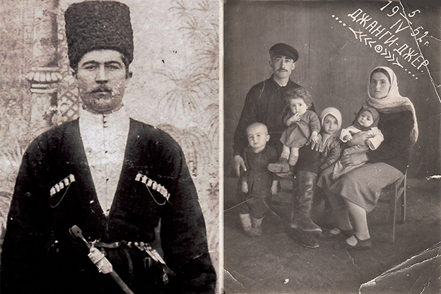 Слева: Шамиль Чотчаев. 1920-е годы. Справа: Саният с мужем и детьми в Киргизии. 1952 год